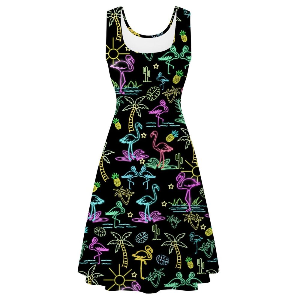1080 Neon Flamingo Dress Sleeveless Scoop Neck Slim Fit Summer Midi Dress